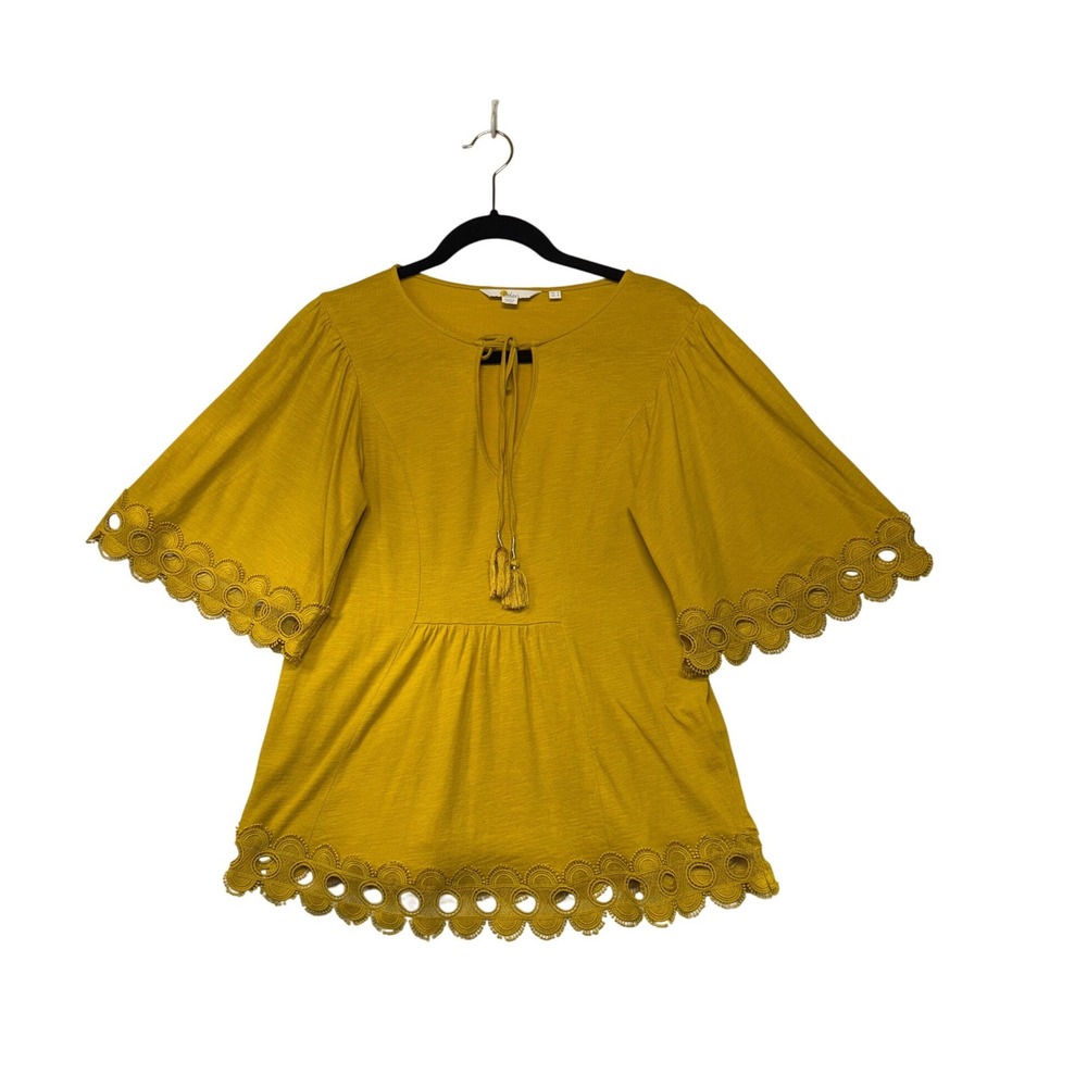 Boden‎ Mustard Yellow Cotton Lace Trim Peplum Top Tassel Keyhole US 4 UK 8